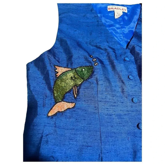 The World According to Bradley 80s Blue Silk Beaded Fish Vntg‎ Vest Size Medium - Picture 2 of 9